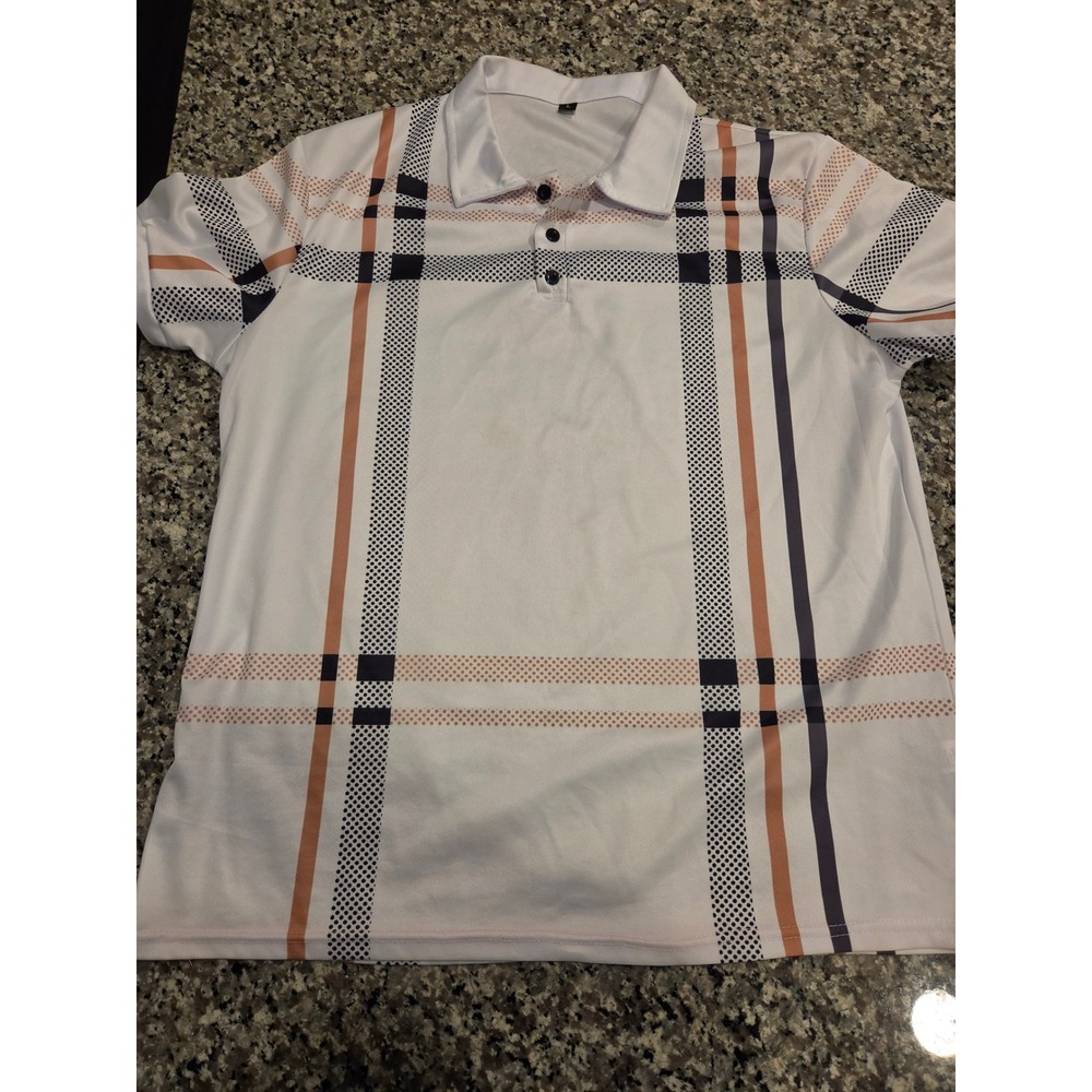 Mens White Geometric‎ Plaid Short Sleeve Polo Shirt Navy Tan Size L 1179
